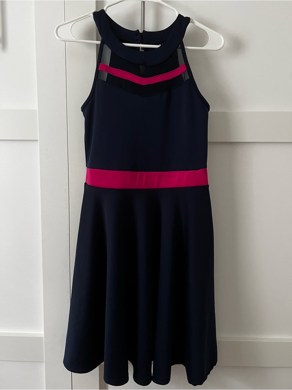 Navy Fit-and-Flare Girls Dress with Fuchsia Trim